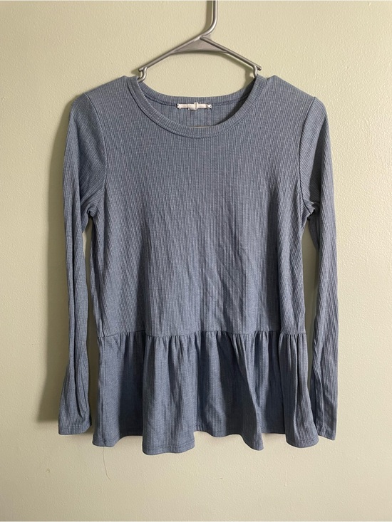 Caution To The Wind Tops - Caution To The Wind Dusty Blue Ribbed Peplum Long-Sleeve Top
